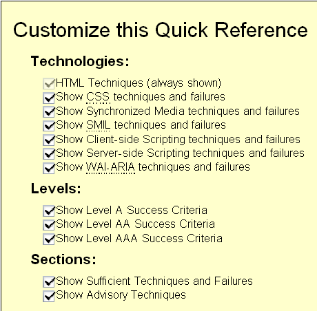 Screen shot of the Customization Tool for the Quick Reference with check boxes to choose various technologies, levels and sections