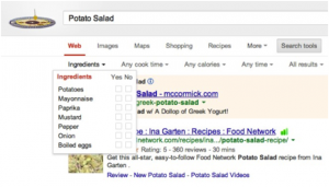 Google search filtered on Schema.org/Recipe properties, such as ingredients.