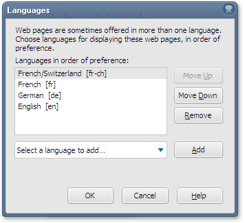 A screen-grab of the Firefox dialog box for changing Language Preferences.