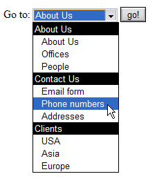 Screenshot of a menu created with a select boxincluding option groups