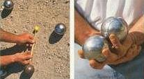 Two images: one person measuring the distance between boule and but; one person holding boules behind his back.