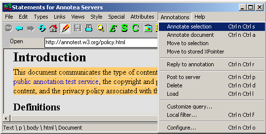 Selecting text from the document and annotate document command.