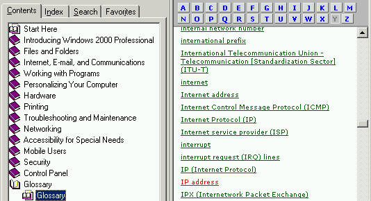 Glossary of terms showing a-to-z navigation bar
