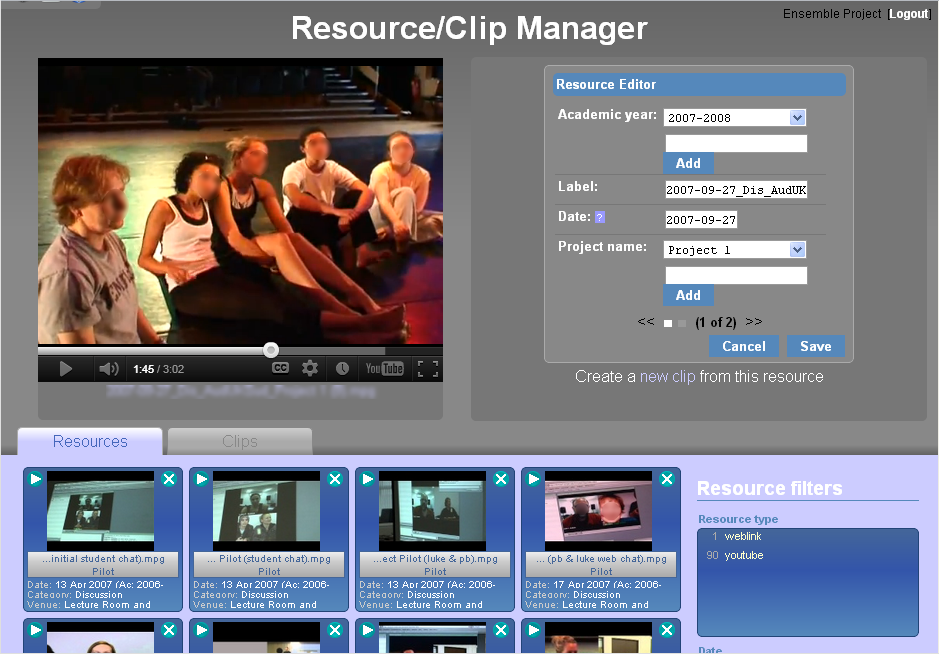 Screenshot of the Resource and Clip Manager