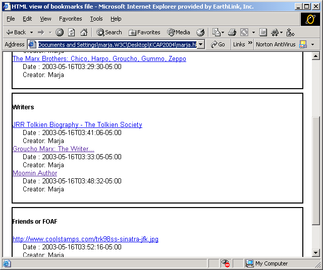 result from xslt conversion to xhtml page from bookmark data