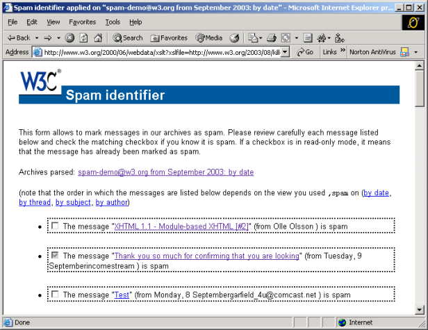 page for checking the spam messages from discussion lists