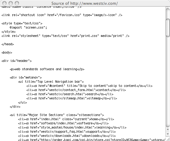Screenshot of source view fro www.westciv.com