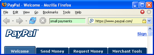URL bar displaying www.paypal.com and petname tool displaying 'small payments'