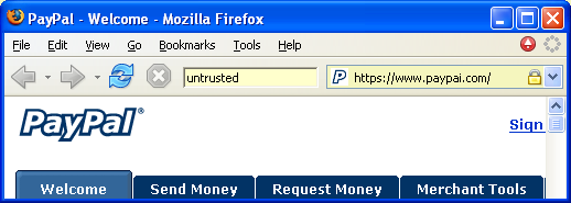 URL bar displaying www.paypai.com and petname tool dispalying 'untrusted'