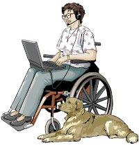 Woman in wheel chair with computer and dog