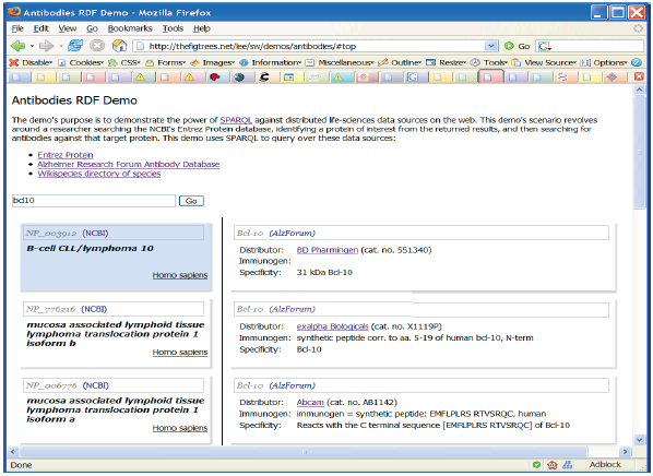 The screen dump of the antibodies search demo