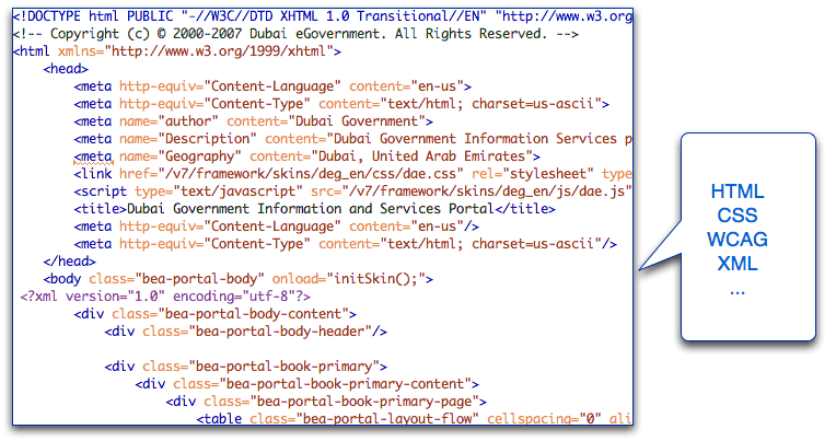 Dubai.ae code showing some of the W3C technologies involved in its development