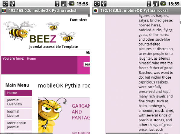 Typical Joomla Web site without mobile plug-in on a high-end mobile device