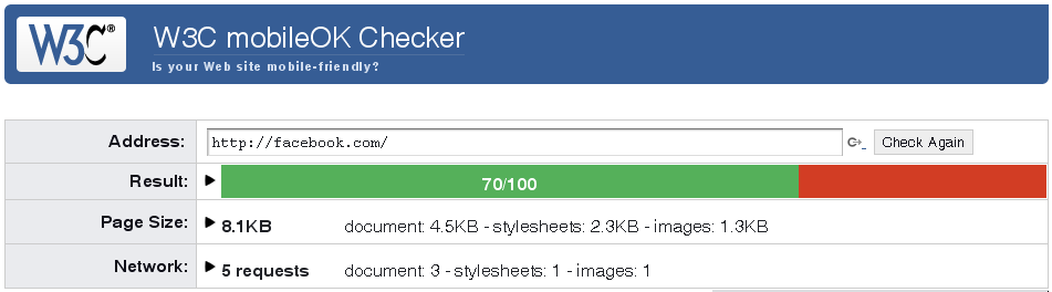 the MobileOK checker result for facebook.com (70%)