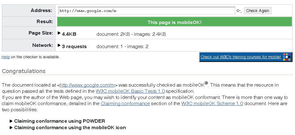 the MobileOK checker result for google.com/m.com (100%)