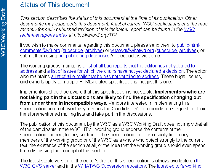 Screenshot of HTML5 working draft, 24/6/10