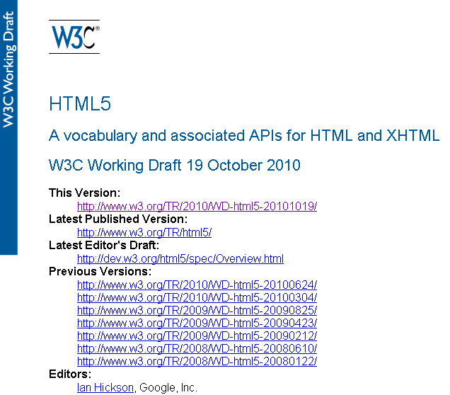 Screenshot of HTML5 working draft, 19/10/10