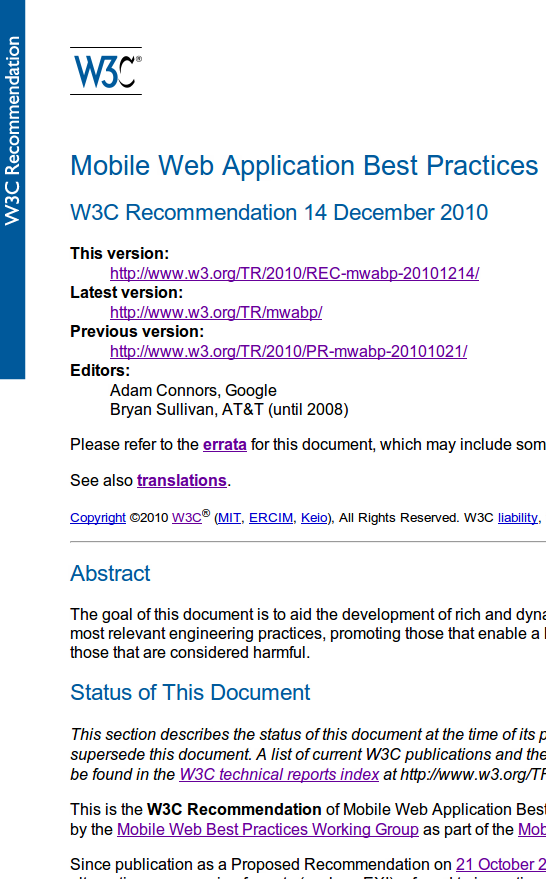 Screenshot from the Mobile Web Application Best Practices W3C Recommendation as an example of a standard that W3C produces