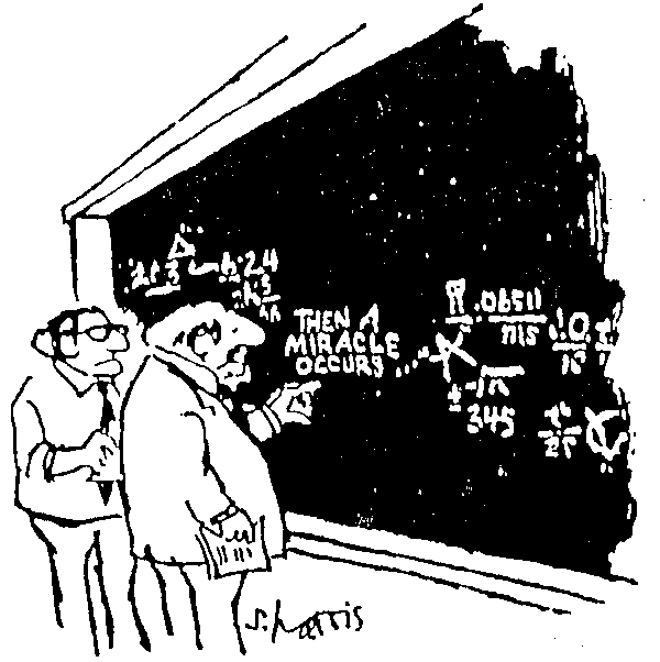 A cartoon of two men looking at a blackboard on which a lot of complex algebra is written but for step two it just says - 'And then a miracle occurs'