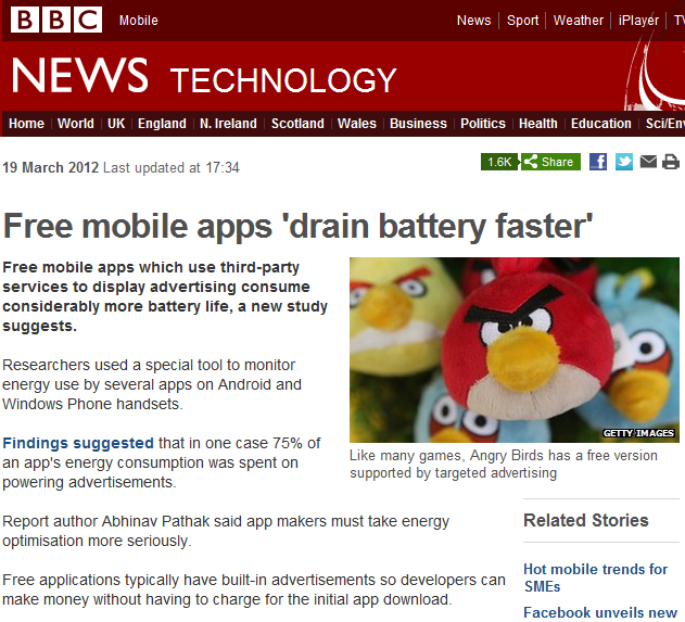 BBC News story: Free mobile apps 'drain battery faster'