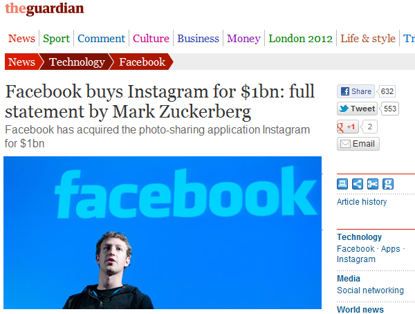 screenshot of Guardian reporting of Facebook purchase of Instagram for $1bn