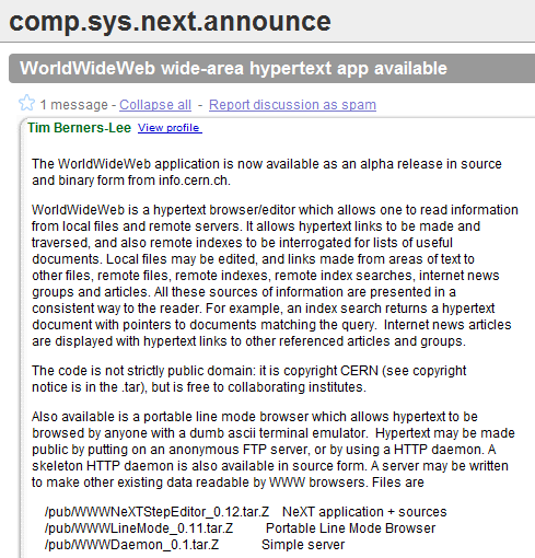 screenshot of original announcement of release of WWW