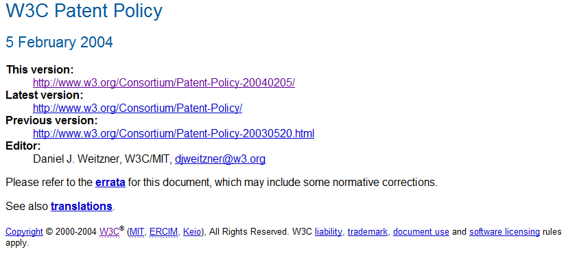 screenshot of W3C 2004 Patent Policy