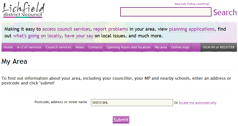 screenshot of Lichfield My Area service