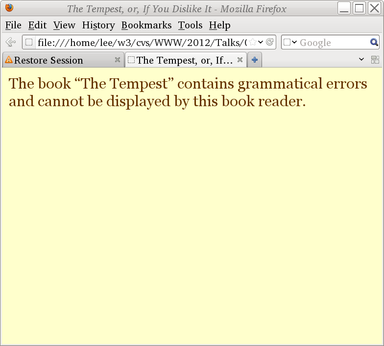 screenshot of browser attempting to display a shakespeare play but requiring correct grammar