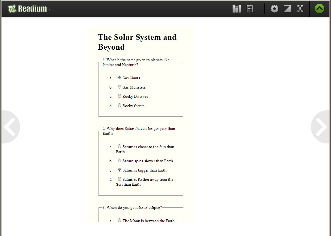 Prototype interactive quiz widget in EPUB (from EPUB sample repository). Shown in Readium.
