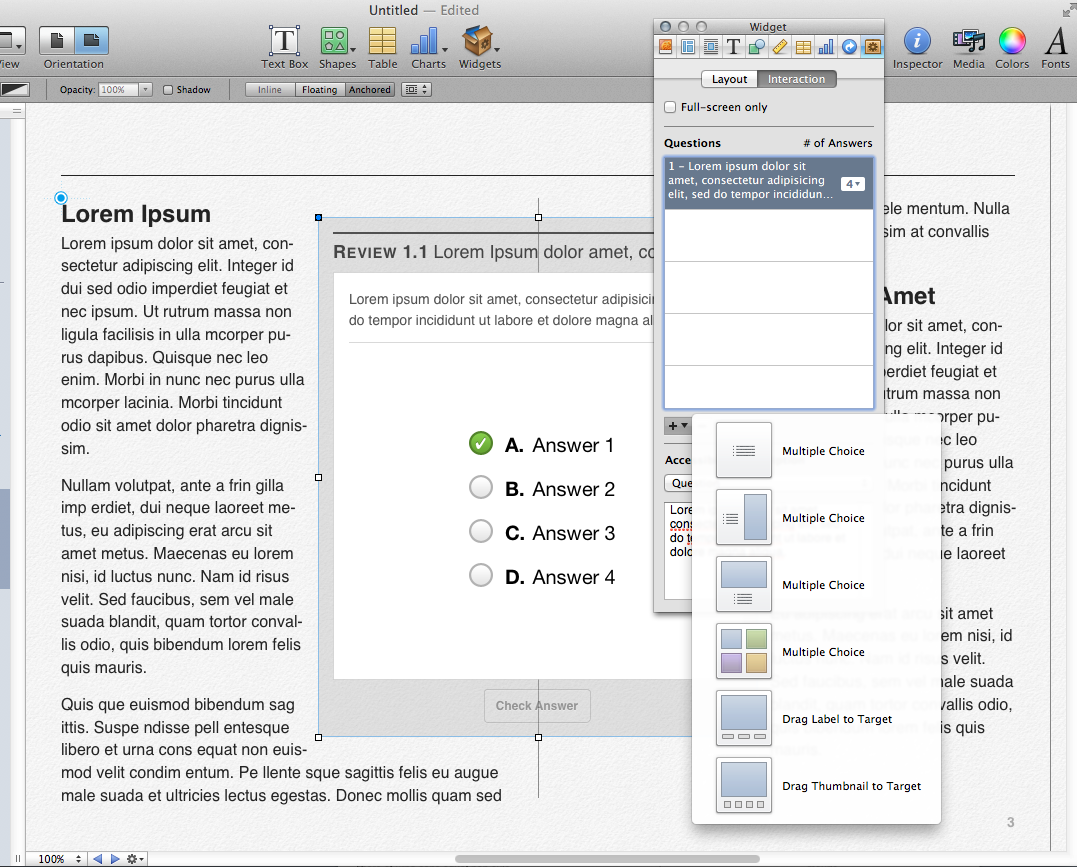 Apple ™ iBooks Author ™ showing the interactive quiz widget authoring options, includes several styles of multiple choice and drag and drop. 
