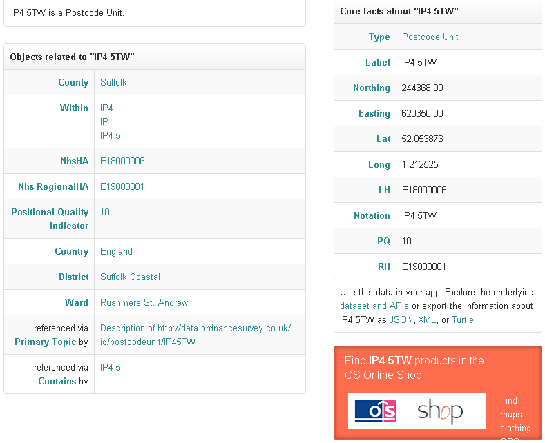 screenshot of Ordnance Survey page about IP4 5TW