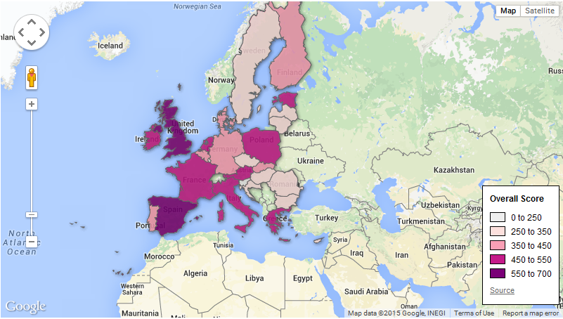 A map of Europe with different countries shaded differently to indicate their progress with opening data