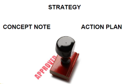 The words strategy, concept note and action plan with a rubber stamp saying 'Approved'