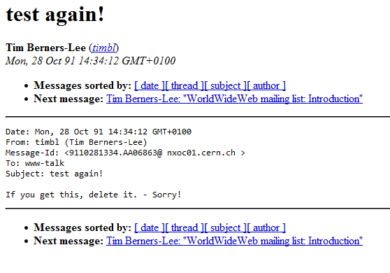 screenshot of oldest e-mail in W3C archive