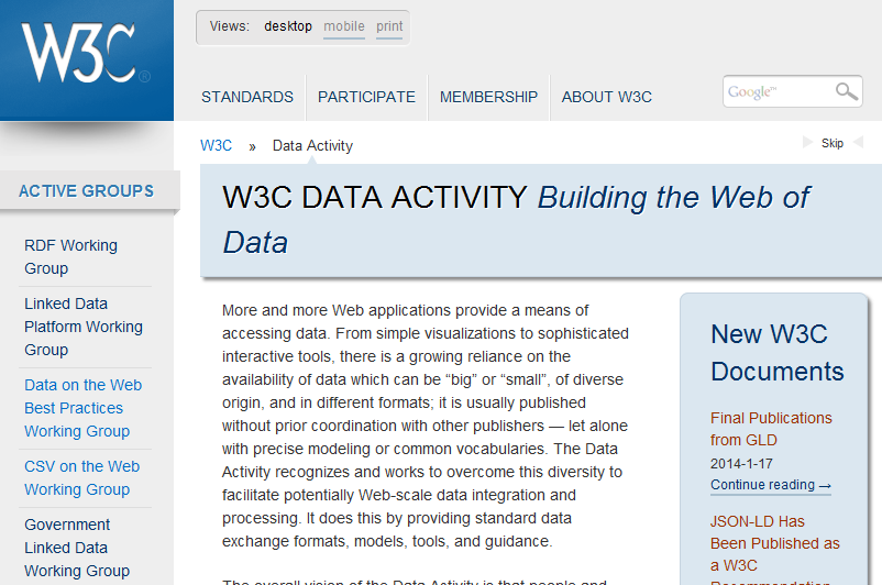 Screenshot of the data Activity homepage, 17/2/14