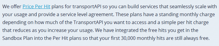 screenshot of Transport API snippet about pricing