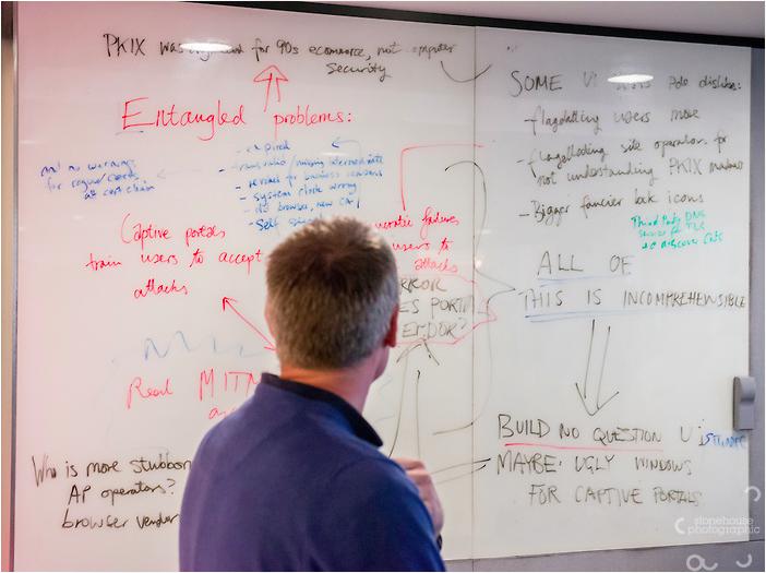 (foto: the back of somebody looking at a whiteboard full of text and arrows)