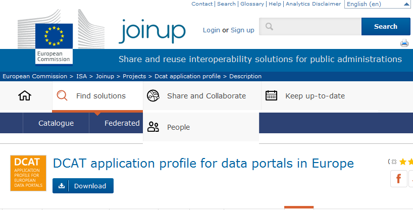 Partial screenshotof the DCAT-AP page on Joinup