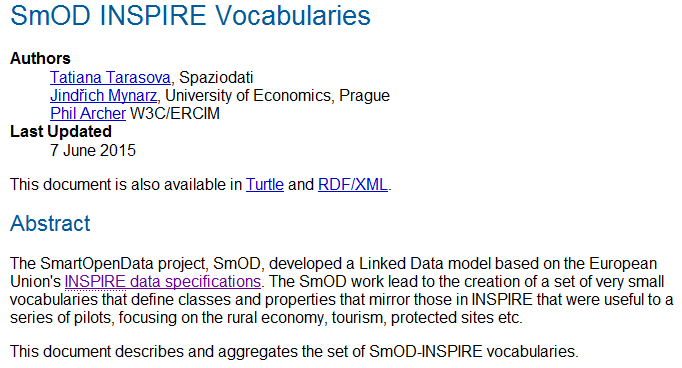 Partial screenshot of the SmOD INSPIRE vocabularies homepage