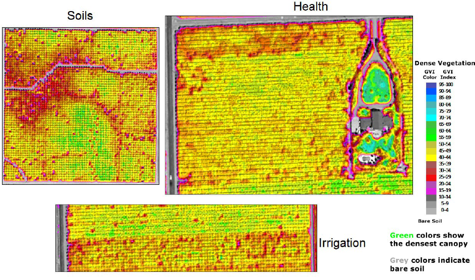 Three images of spectral analysis of satellite images of agricultural land