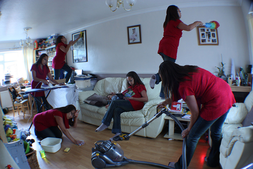 A woman appears several times in this image, performing various housegold chores