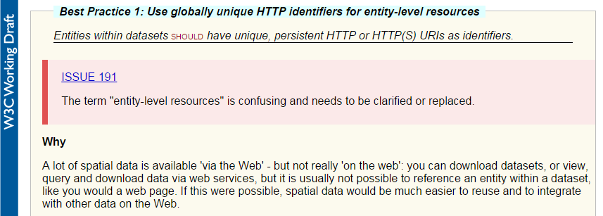 partial screenshot of BP 1 from the SDW BP doc - use URIs as identifiers