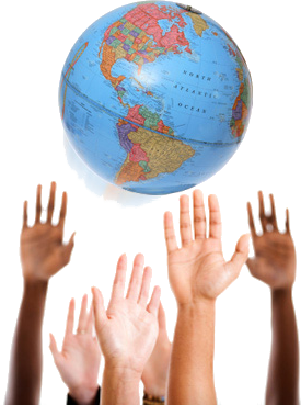 Individuals raising their hands under the earth globe