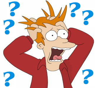 Futurama character panicked with question marks all around him
