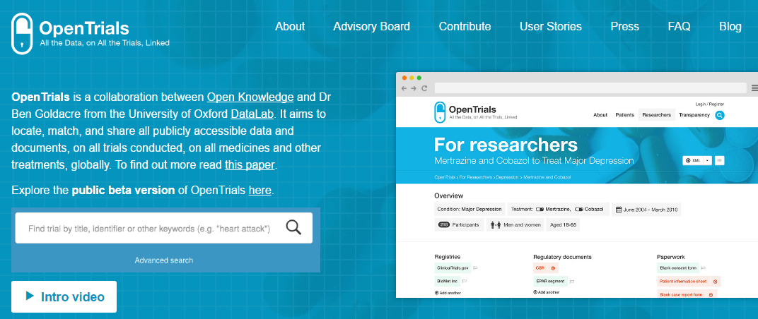 Screenshot of opentrials.net homepage