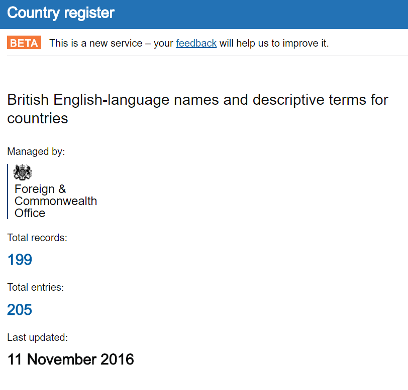 screenshot of UK Gov Register of country names