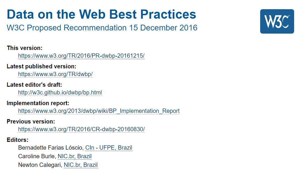 screenshot of Proposed Rec for Data on the Web Best Practices