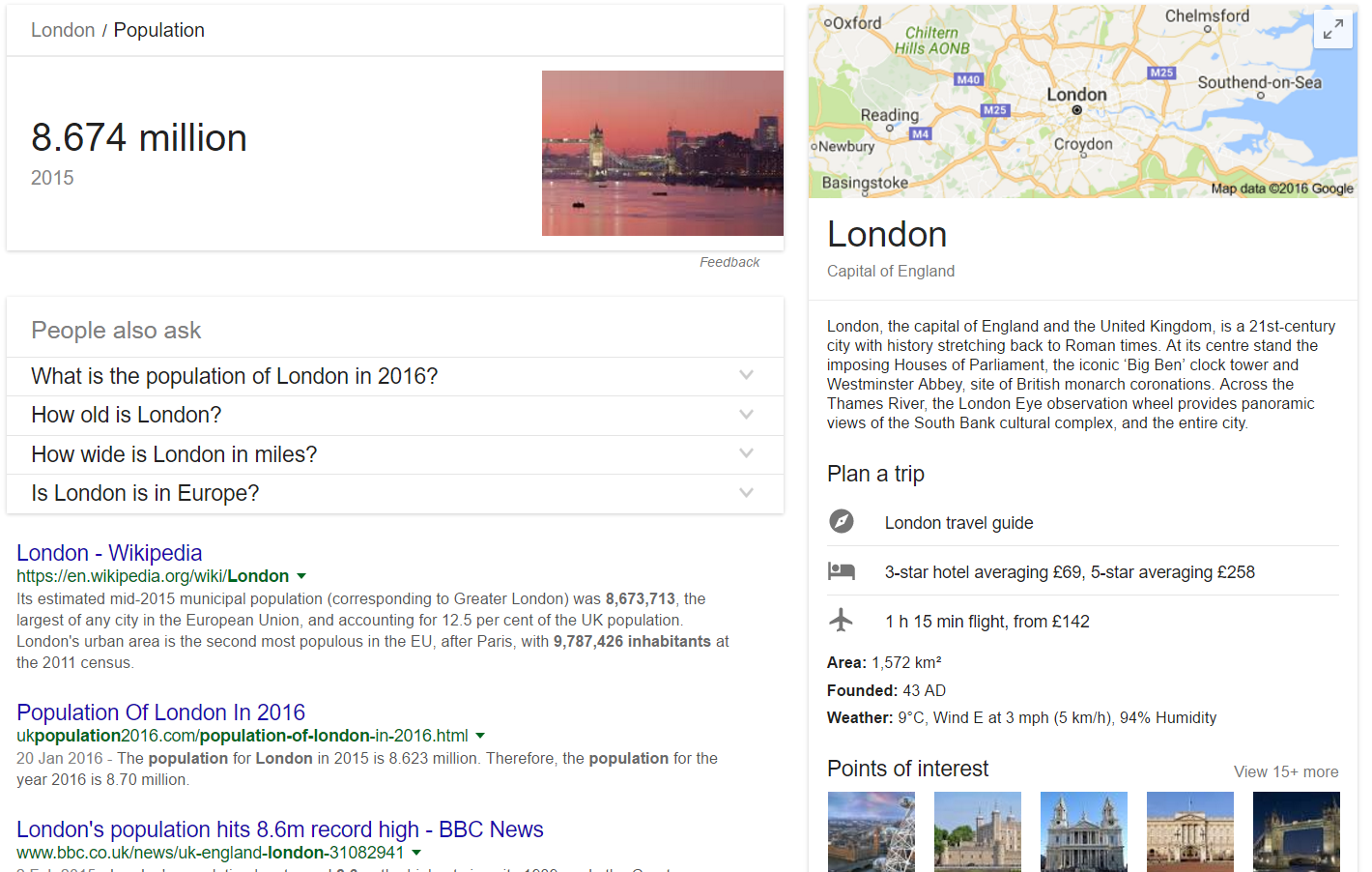 screenshot of Google results page for 'population of London' 2016-12-06