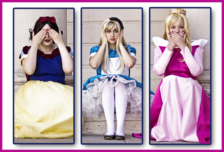 Three young women dressed as Disney Princesses with hands covering eyes, ears and mouth respectively